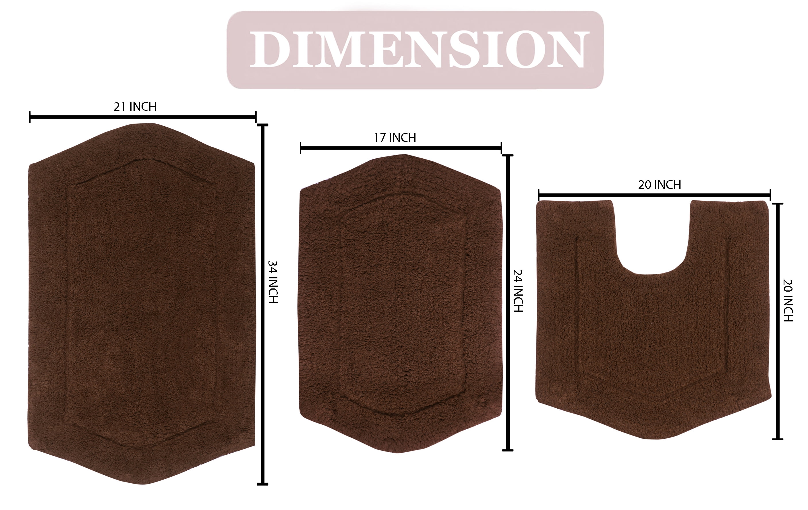 Home Weavers Waterford Collection 100% Cotton Non-Slip Bathroom Rug Set Machine Washable Bathroom Rug-17"x24", Bath Rug- 21"x34", U Shaped Contour- 20"x20", Chocolate Color 3 Piece Bath Rug set