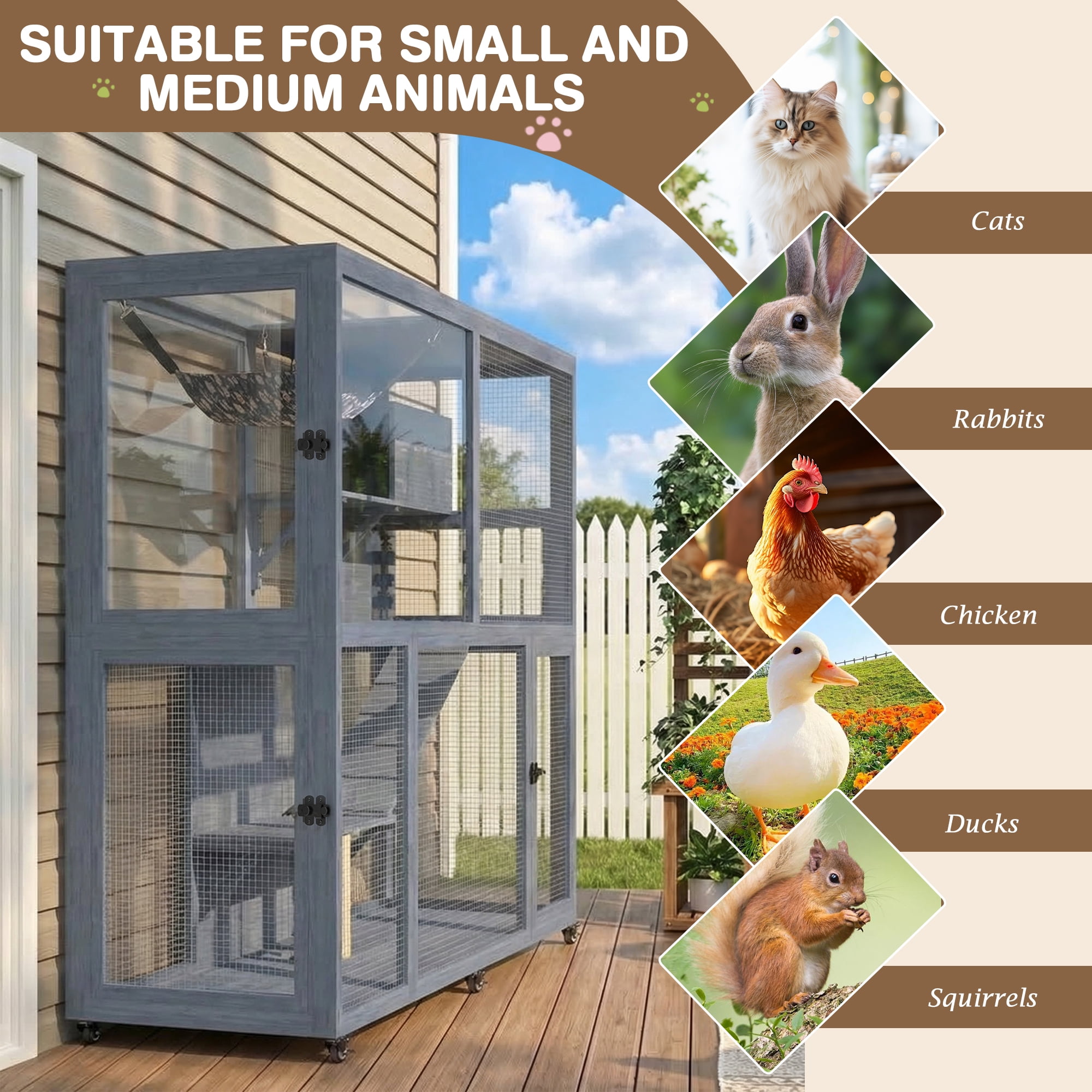Haverchair 4-Tier Catio Cat Enclosure Outdoor, Portable Cat House Cage for Multiple Cats Indoor, Wood Kitty Condo w/Waterproof Roof Wheels Platforms Hammock Scratching Post for Sunbathing Playing
