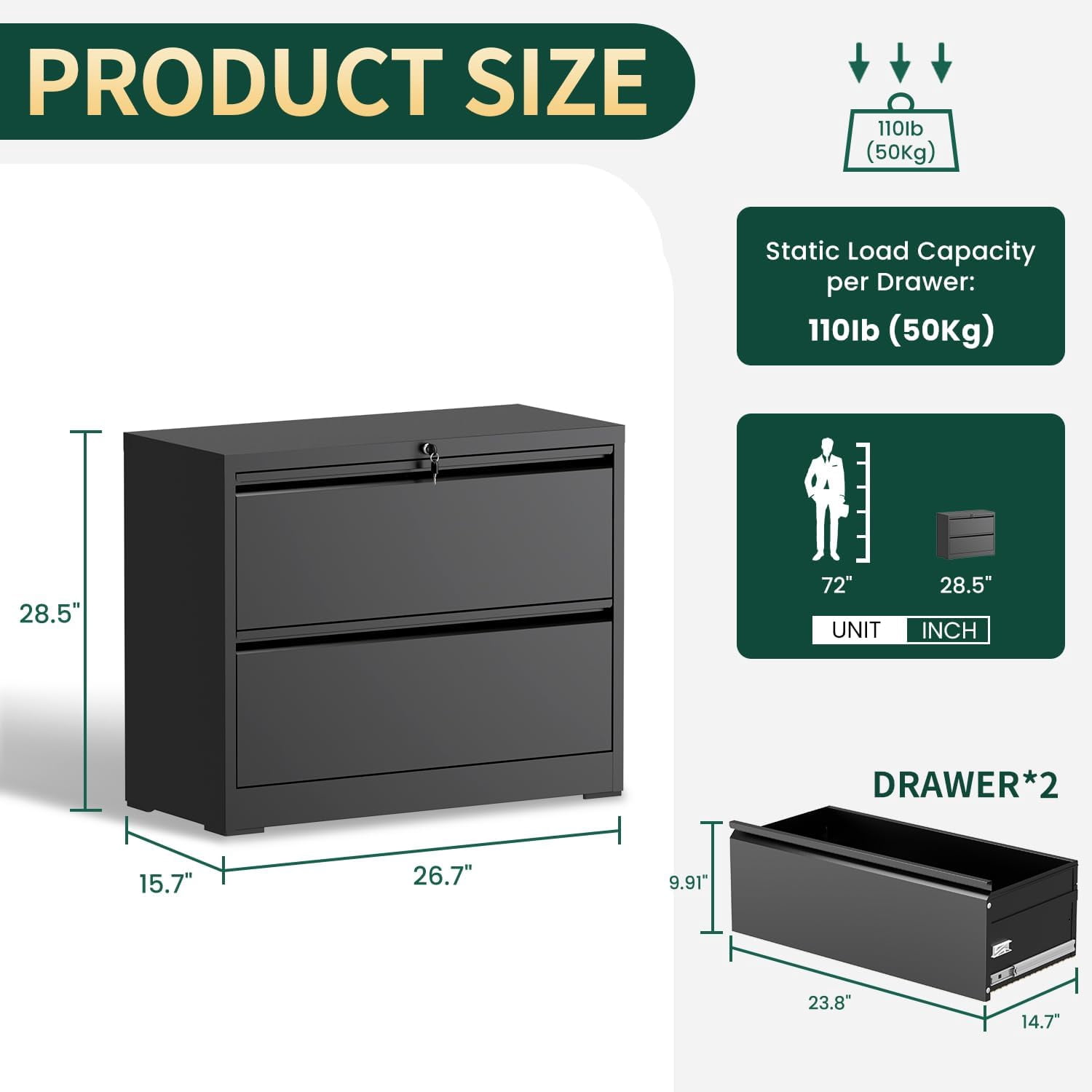2 Drawer Lateral File Cabinet with Lock, 26.77“W File Cabinets for Home Office Legal/Letter A4 Size, File Cabinet Storage Cabinet,Require Assembly, Black