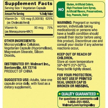 Spring Valley Vitamin K2 (90mcg) + D3 (125mcg) Vegetarian Capsules, 90 Count