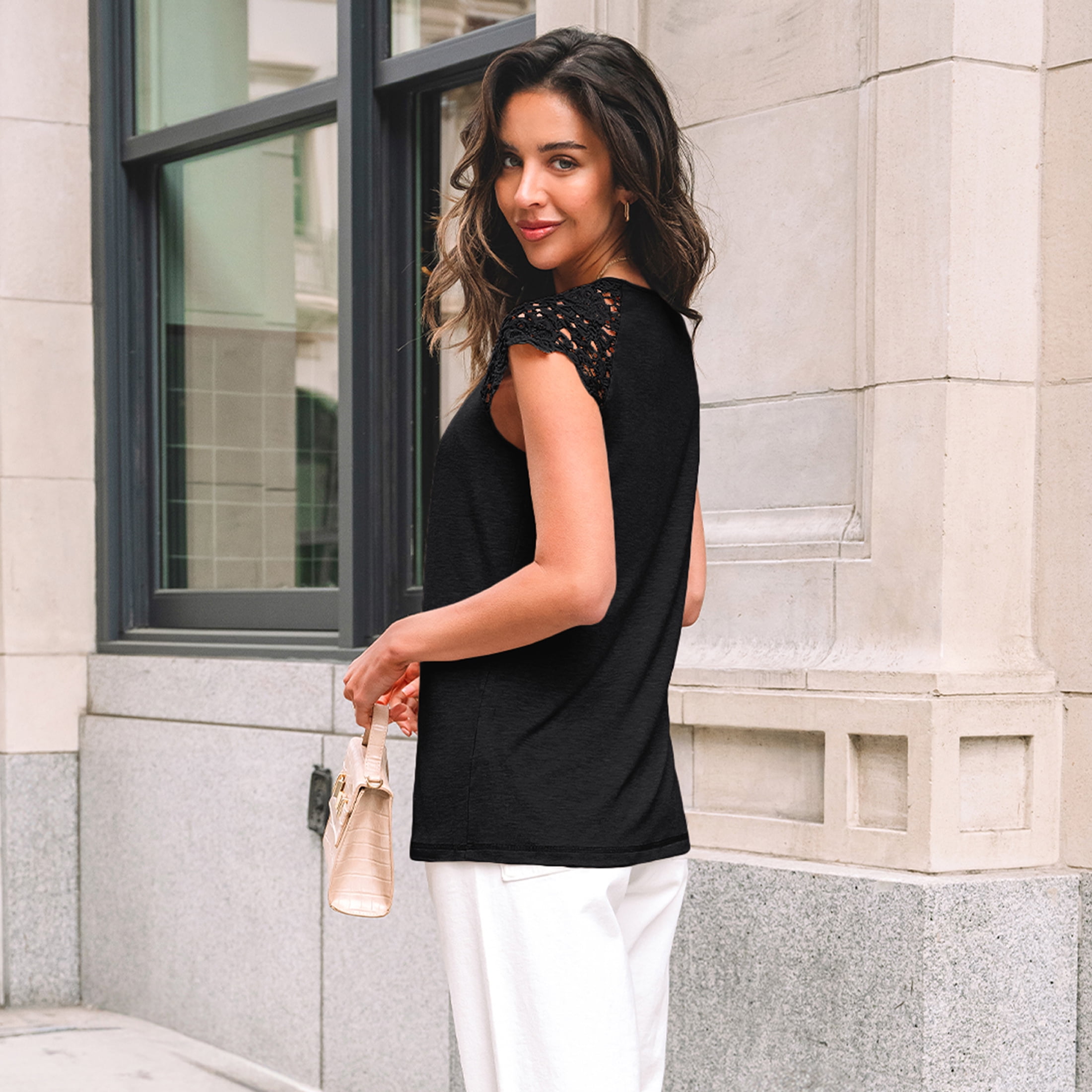 SUNBS Blouses for Women Lace Tops Pleated Short Sleeve Shirts Summer Business Casual Dressy Clothes