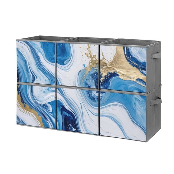 Set of 6 Collapsible Oxford Fabric Storage Cubes with Handles, Foldable Closet Organizer Bins for Clothes, Toys, Shelves, Home & Kitchen Blue Gold Swirl