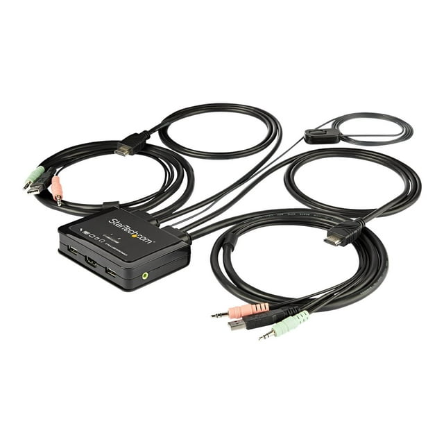 StarTech.com 2 Port HDMI KVM Switch, 4K 60Hz, Compact Dual Port UHD/Ultra HD USB Desktop KVM Switch with Integrated 4 Pieds Cables & Audio, Bus Powered & Remote Switching, MacBook ThinkPad 4K KVM Switch w/ Audio (SV211HDUA4K) - KVM / Audio Switch - 2 x KVM / Audio - 1 Utilisateur local - Bureau