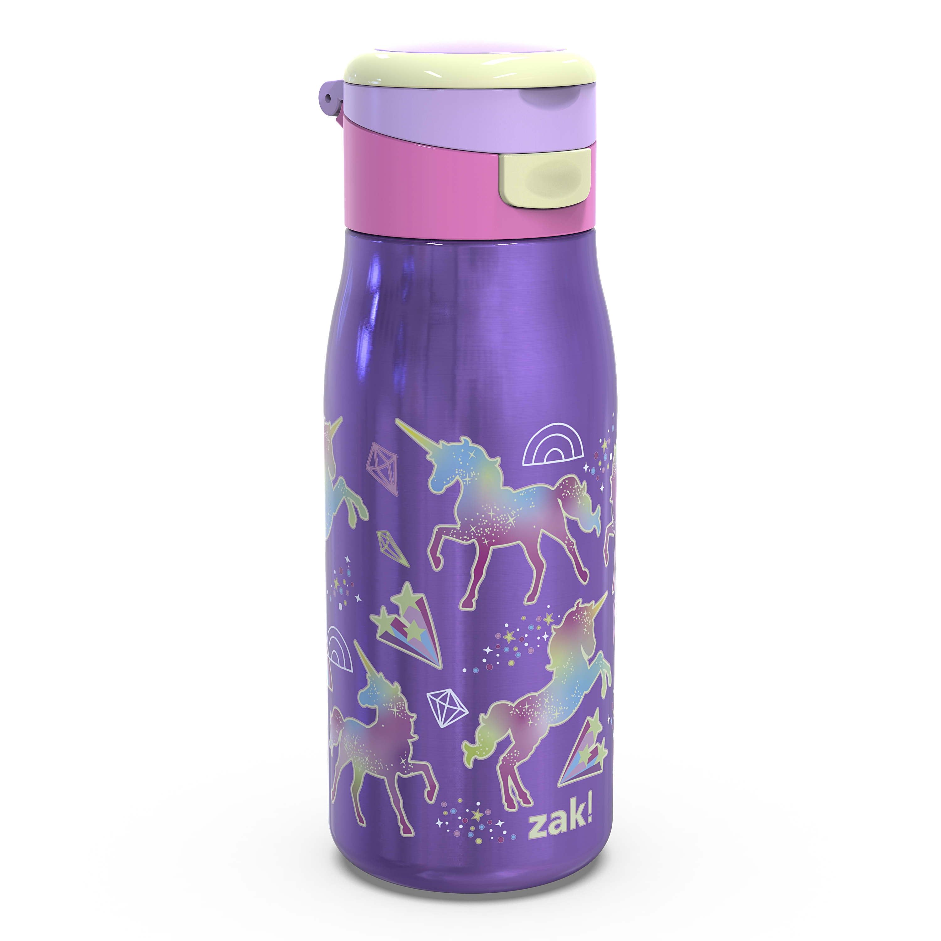 Zak Designs Unicorn 14 Ounce Stainless Steel Vacuum Insulated Water Bottle, Unicorns and Rainbows