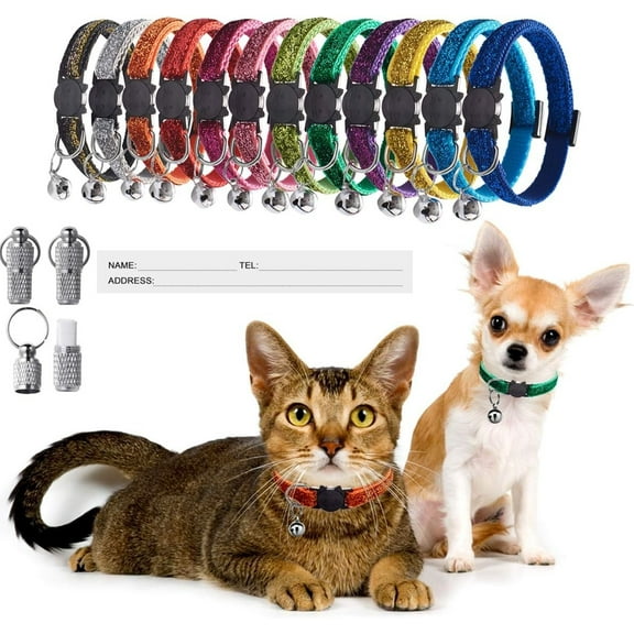 12 Packs Cat Collars Breakaway with Bell Nylon Sparkle Mixed Colors Adjustable 7.8''-13'' Kitten Collars for Pets or Small Dog((12 Colors & 2 ID Tags))