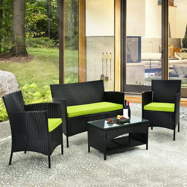 4-Piece Patio Furniture Sets in Patio & Garden, Outdoor Wicker Sofa PE Rattan Chair Garden Conversation Set for Backyard with Two Single Sofa, One Loveseat, Tempered Glass Table, Q16427