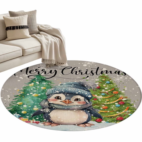 Christmas Penguin, Round Area Rug 4 FT, Non Slip Indoor Outdoor Rug, Winter Snowflake Pine Tree Grey Washable Soft Circular Carpet Non-Shedding Floor Mat for Coffee Table Nursery Foyer Balcony