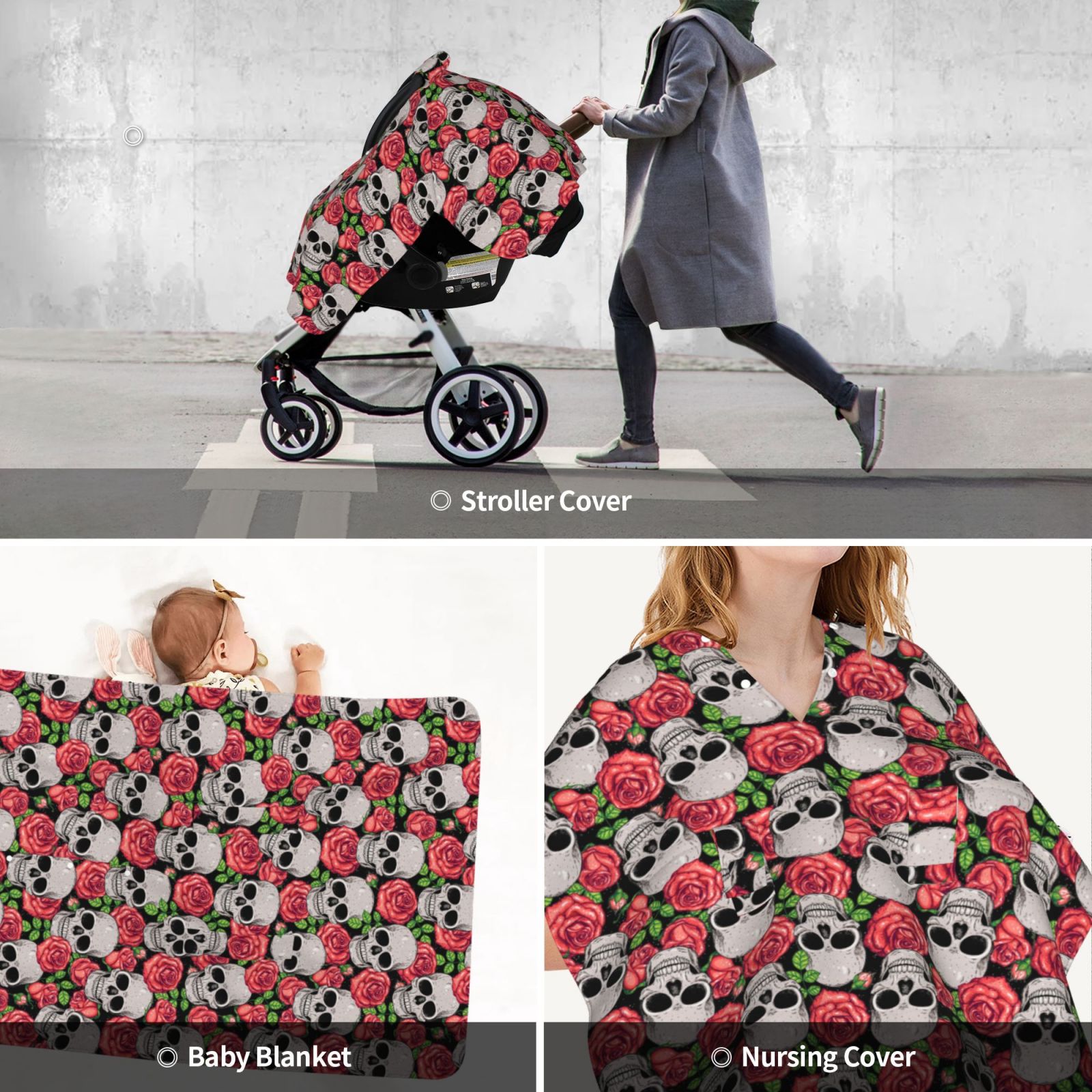 Car Seat Cover Baby - Skull and Roses Breathable Infant Car Seat Cover for Baby Carseat, Lightweight Comfort Baby Essentials Must Haves Newborn Stuff for Girl Boy
