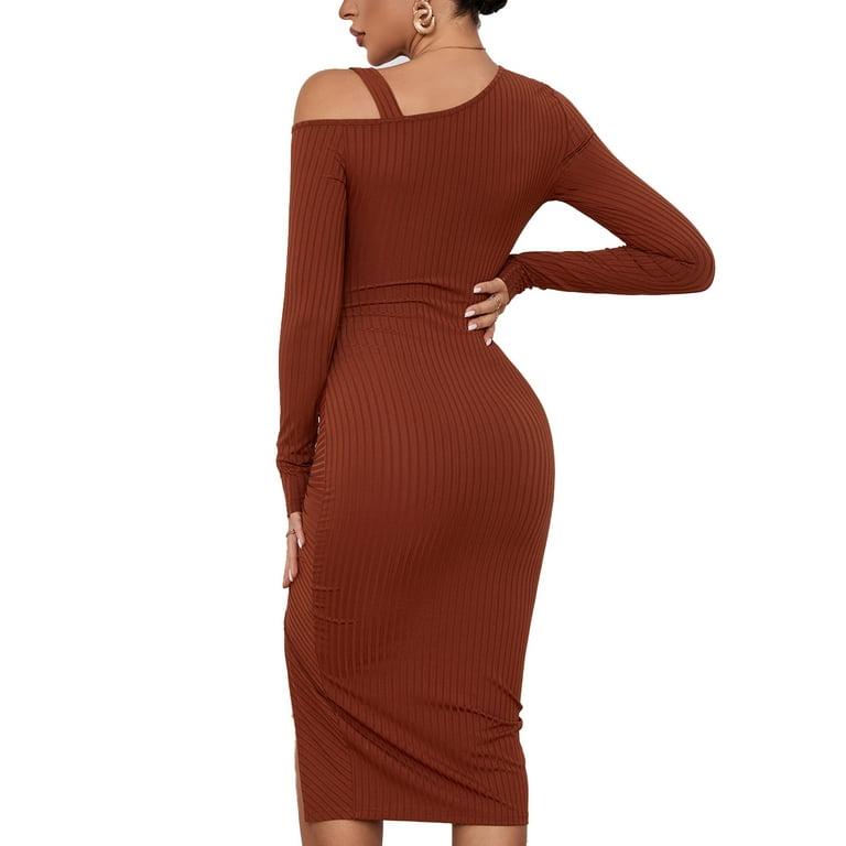 Outzidr Brown Full Sleeve Cold Shoulder Front Ruched Dress - Brown / M