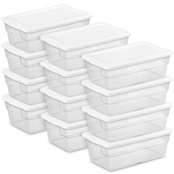 SLSRFD 12 Pack 6 Quart Stackable Plastic Storage Boxes with White Snap-On Lids, Clear Storage Bins for Closet, Garage, and Home Organization