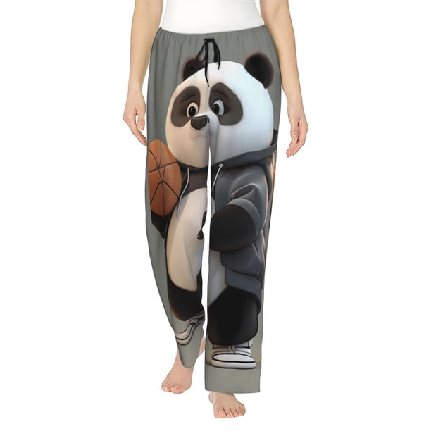 Fotbe Cartoon Pandas Basketball Pantalones de Pijama para Mujer, Pantalones de Dormir, Pantalones Pj con Cordón y Bolsillos-X-Large