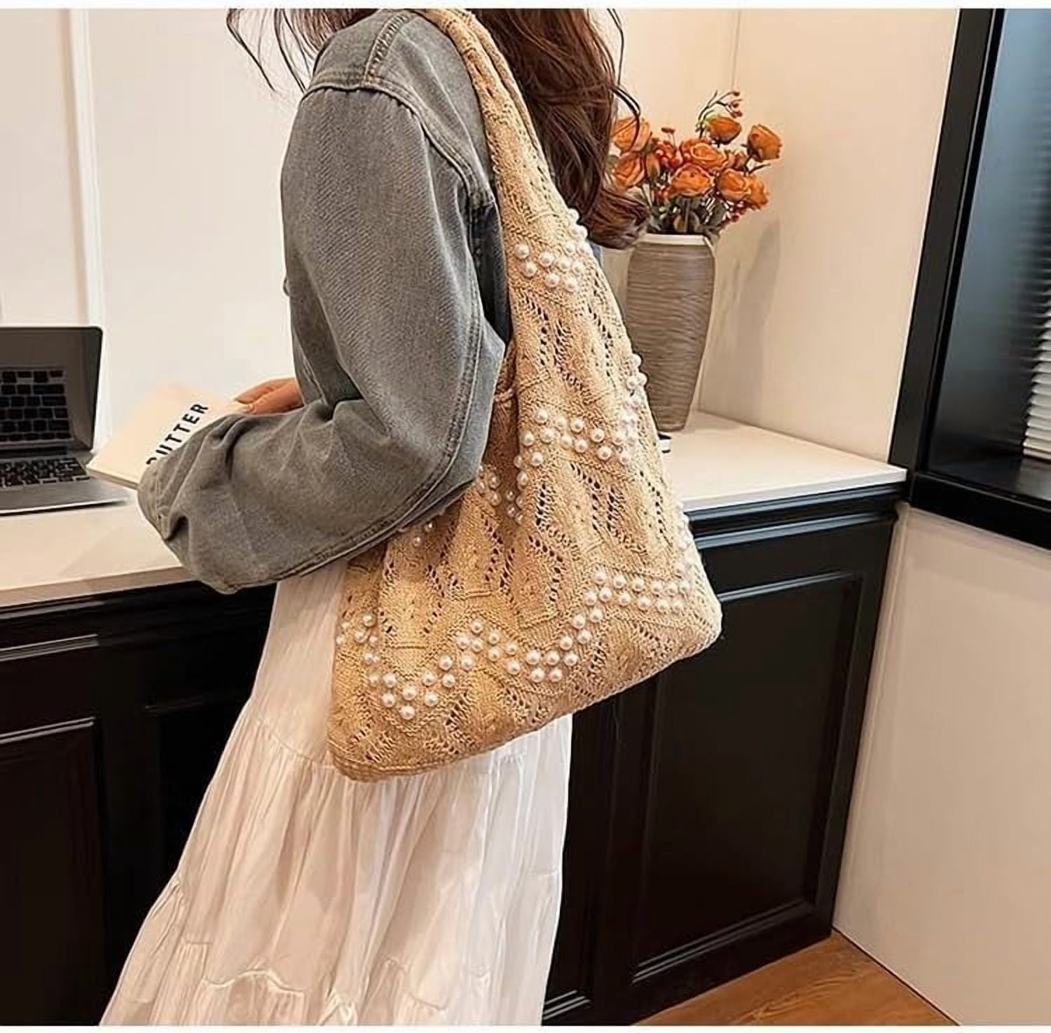 CAILDANL Boho Crochet Beach Tote Shoulder Bag with Colored Beads | Colorful Aesthetic Hippie Knit Bag for Women