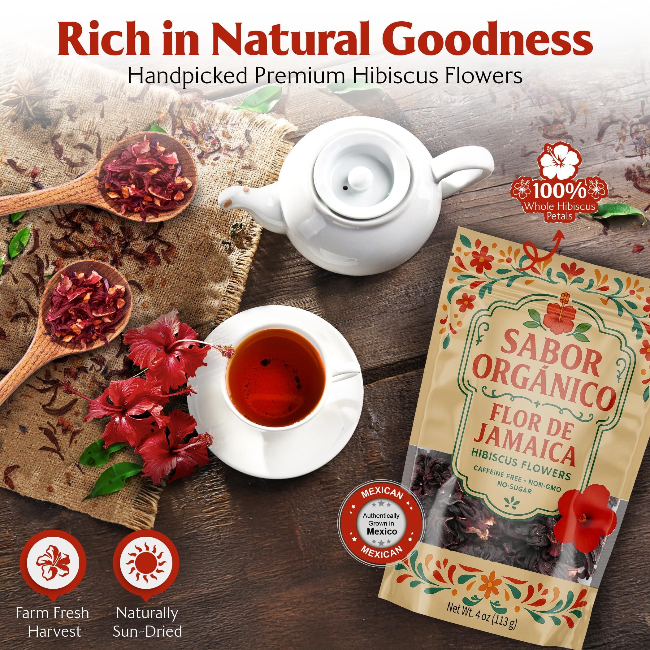 2LB Whole Dried Hibiscus Flowers (Flor de Jamaica) for Hibiscus Tea & Mexican Agua Fresca | Natural, Non-GMO, No Preservatives | Includes Resealable 1lb Stand-Up Pouches | Sabor Orgánico