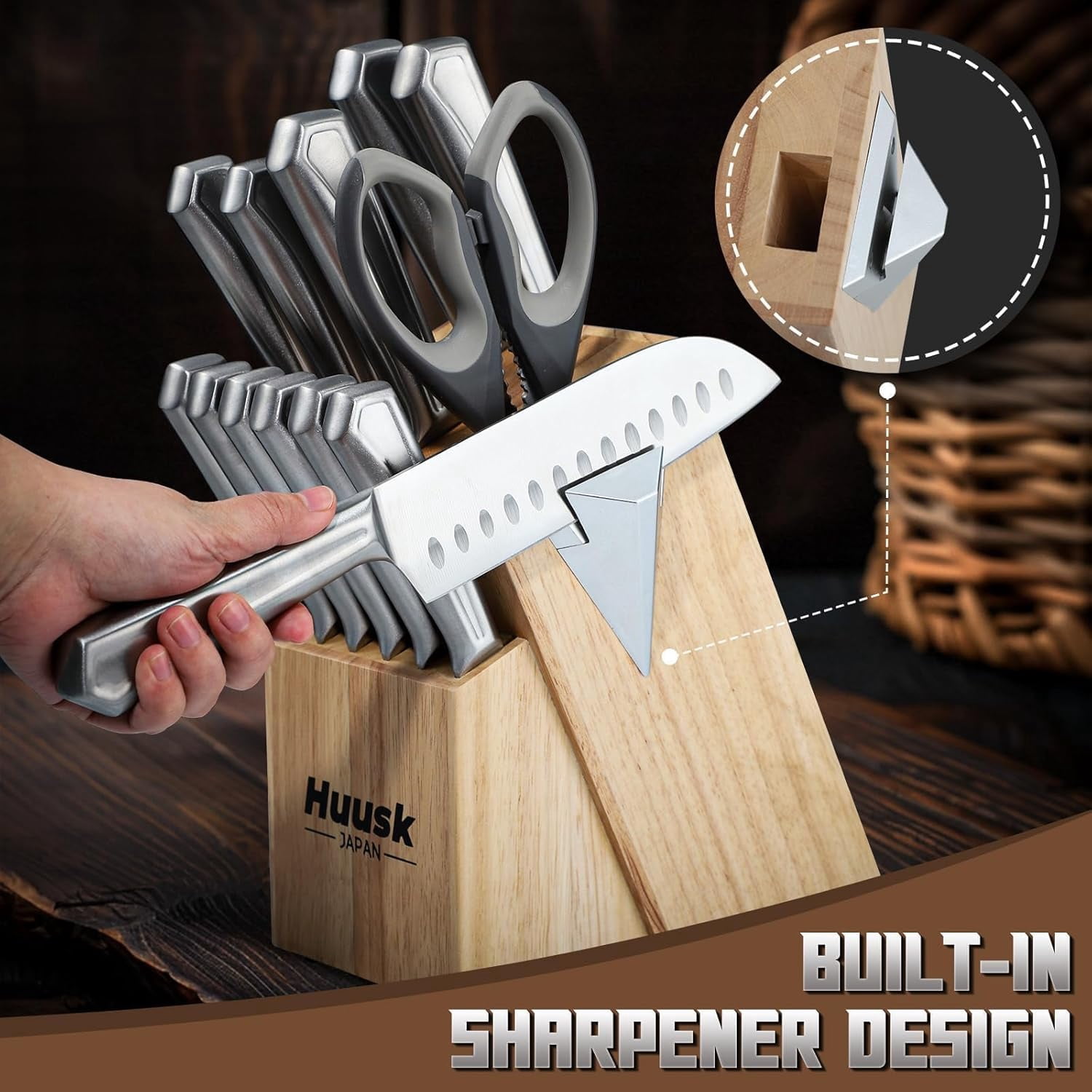Huusk Kitchen Knife Block Set - 14 Pieces Kitchen Knife Set with Built-in Sharpener, Stainless Steel Knife Set with Ergonomic Handle, Professional Knives Set Festival Gift for Men and Women