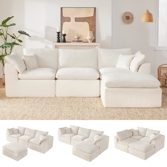 Mangodan 112" Cloud Sectional Boneless L shaped Comfy Couch,  Modular Sectional Sofa with Convertible Ottoman, No Assembly, Beige