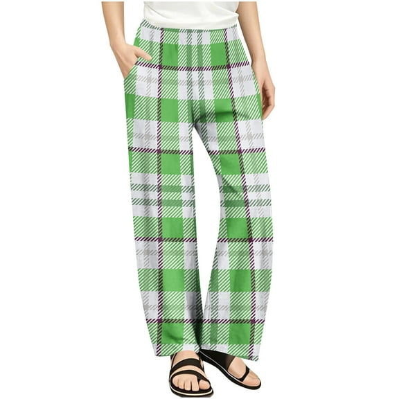 SGFCWSX Girls Baggy Pants Casual High Elastic Waist Trousers for Kids Plaid Soft Pant Green Size 7 Years