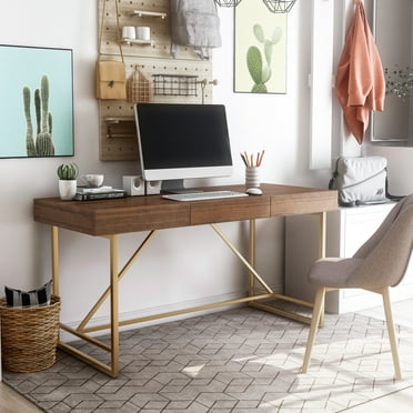 Vaiz 3-Drawer Wood Writing Desk, Gold and Light Walnut