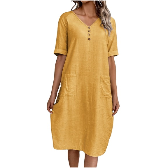 BUIGTTKLOP Women's Dresses Casual Short Sleeve T Shirts Dress Round Neck Summer Midi Dresses with Pockets