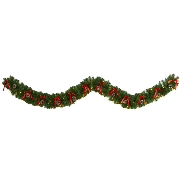 Nearly Natural 9' Prelit LED Bow and Pinecone Artificial Christmas Garland