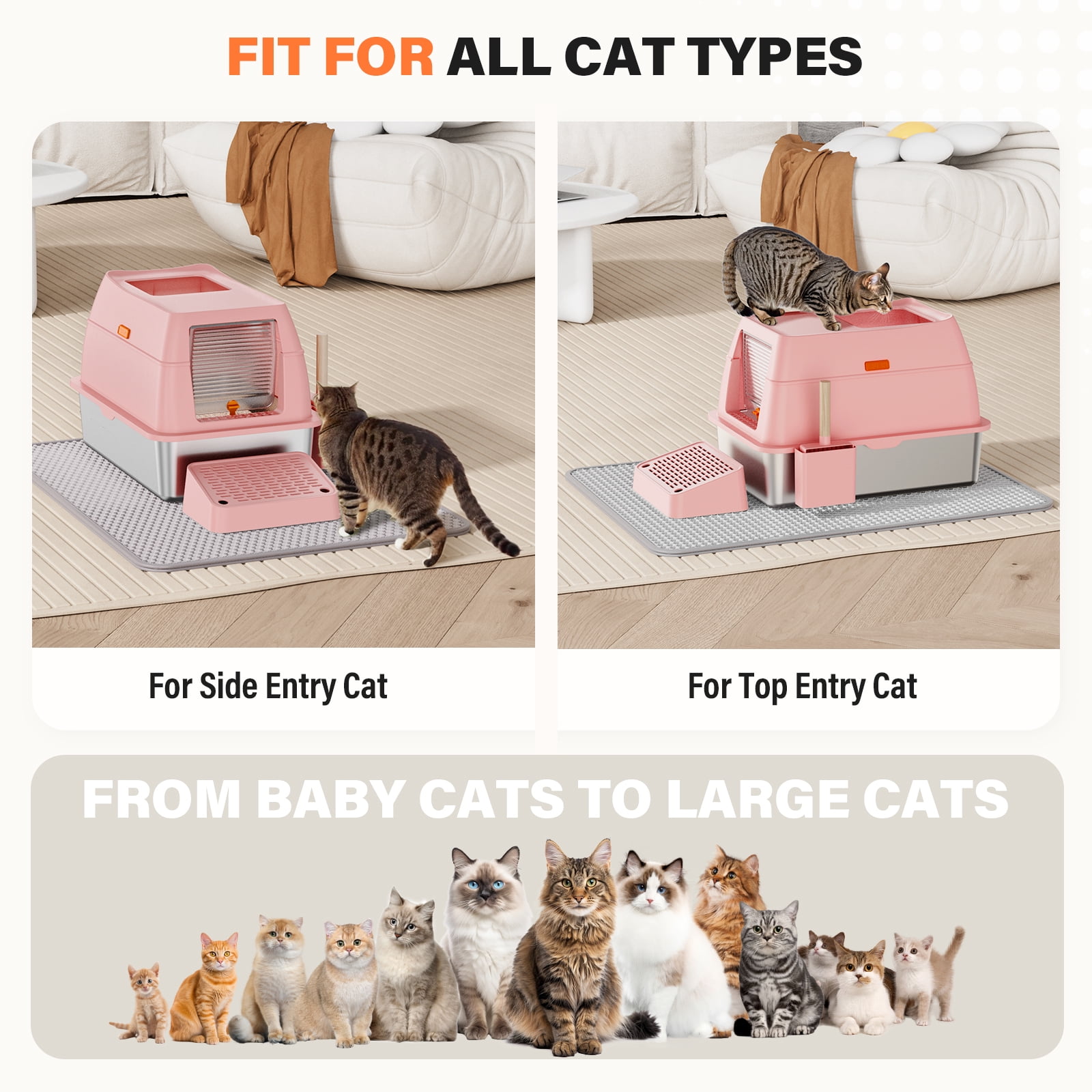 Removable Stainless Steel Cat Litter Box with lid, Front & Top Entry Kitty LitterBox，Cat Litter Box Enclosure, XL Extra Large High-Sided Metal Cat Box with Scoop, Mat, Footboard (Pink)