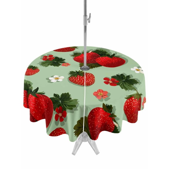 Outdoor Tablecloths with Umbrella Hole & Zipper, Sage Green Strawberry Round Tablecloths 60 Inch, Spring Floral Watercolor Summer Botanical Waterproof Table Cloth, Patio/Pool/Picnic Table Covers