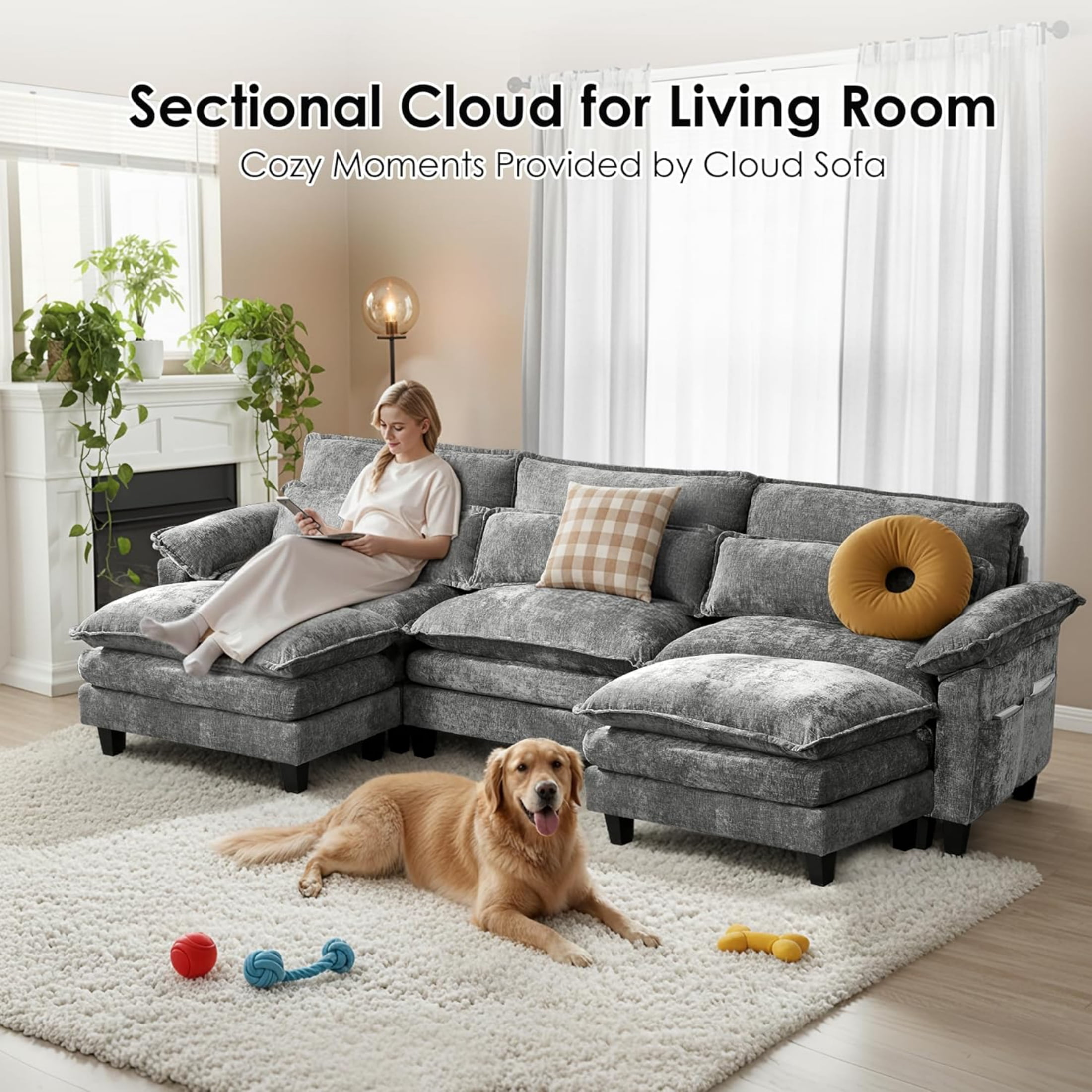 EPOWP Cloud Modular Sectional Sofa with Movable Ottoman, Comfy U Shaped Couch for Living Room, Chenille, 5-Seat, Stardust Gray