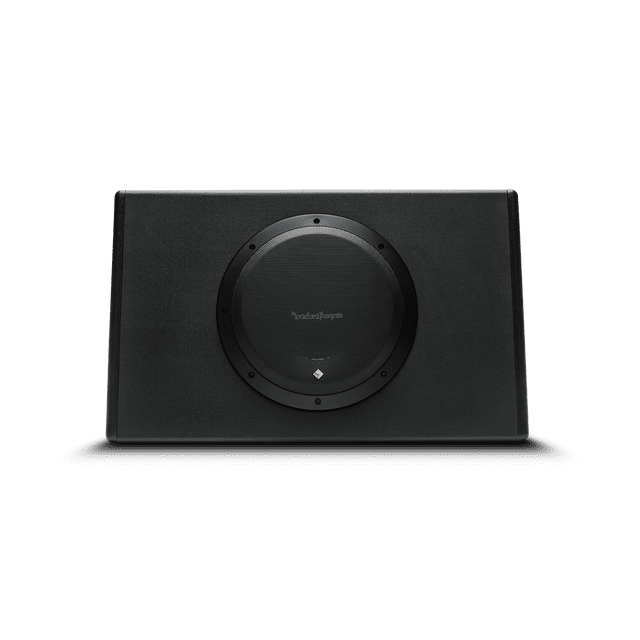 subwoofer amplificado plano rockford fosgate p300-10t 300 watts 10 pulgadas punch series rockford fosgate en negro, vista frontal centrada de gabinete bajo perfil con cono de 10" protegido por rejilla circular y logo Rockford Fosgate; acabado texturizado, diseñado para instalación en cajuela de auto y para reforzar sistemas de audio; suele usarse también para audio portátil en viajes.