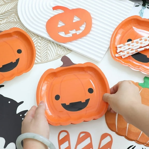 Dserhfy Halloween Pumpkin Paper Plates Black Orange Pumpkin Grimace Plates Disposable Serving Trays for Halloween Party Favors