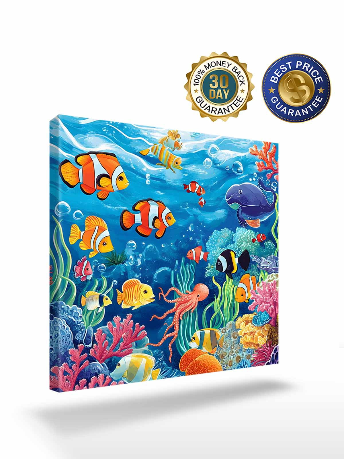 Ocean Underwater Canvas Wall Art, Marine Life Fish Octopus Coral Seagrass Framed Wall Decor Modern Artwork Prints Painting for Living Room, Bedroom, Kitchen & Cafe Decor 16x16 Inch