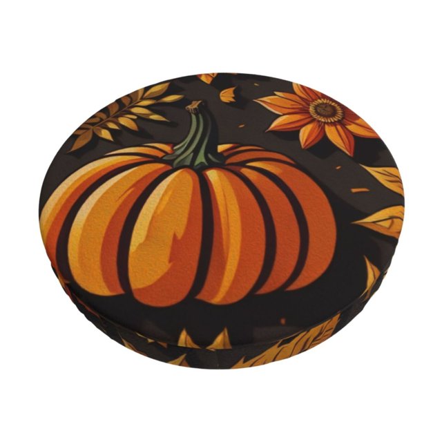 Disketp Autumn Pumpkin Leaves Funda Redonda para Taburete, Funda de Cojín para Silla de Bar Suave y Elástica-12 inch