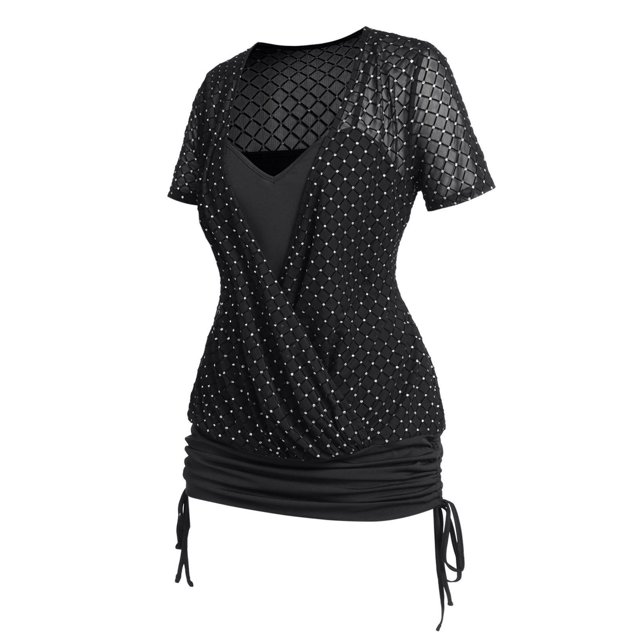 Camiseta Llana de Talla Extra de Diamantes de Imitación de 2 en 1 Rosegal Camisetas tallas grandes