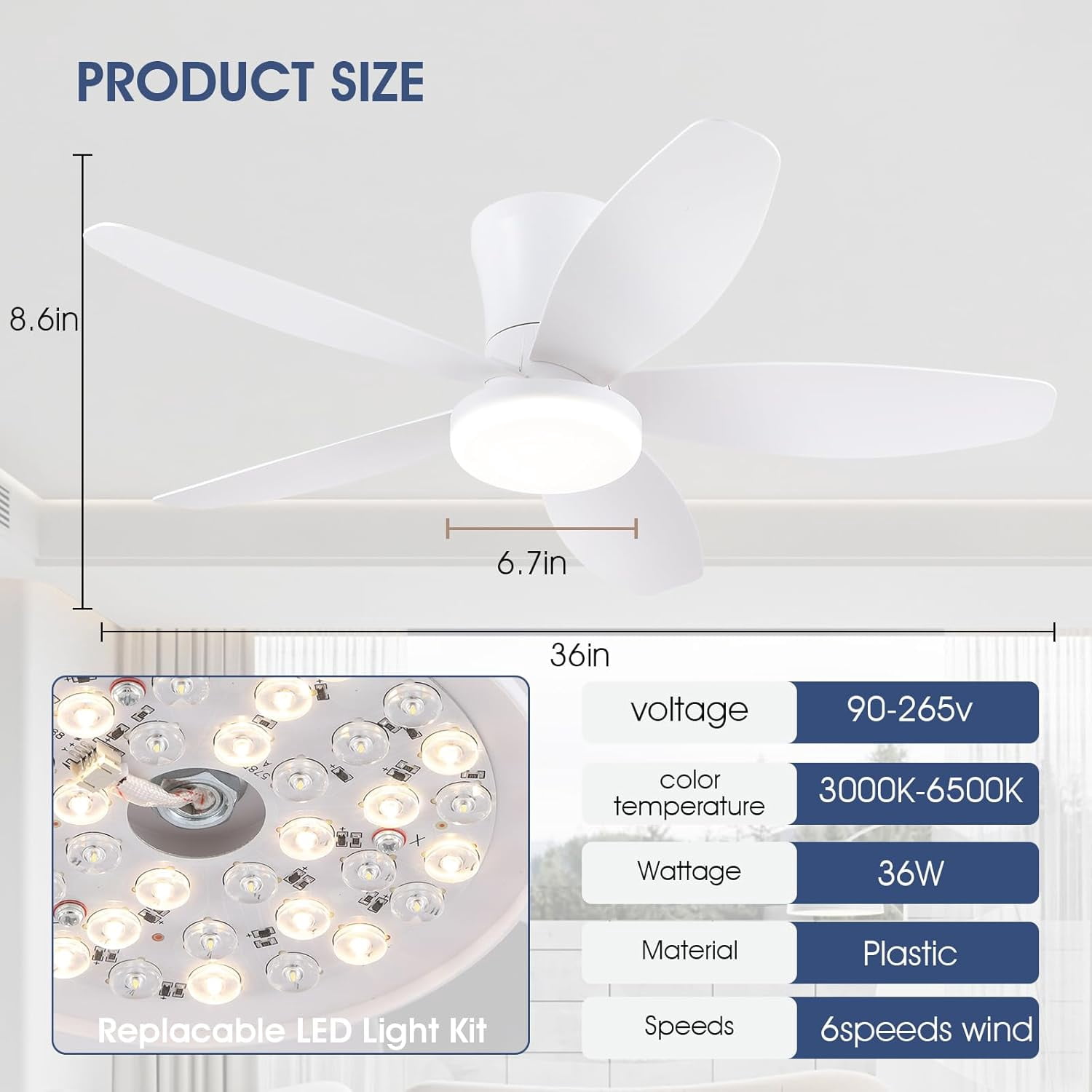 PHORUS 36" Low Profile Ceiling Fan with LED Light, Quiet DC Motor, Remote & App Control, Flush Mount Fan for Bedroom, Small Rooms and Apartments,White