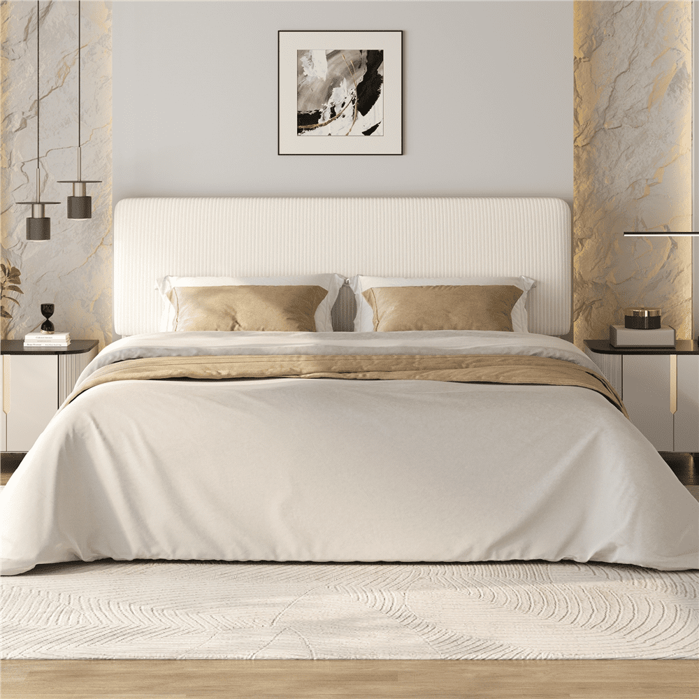 Renwick Upholstered Bed Frame with Wooden Slat Support, King, Beige