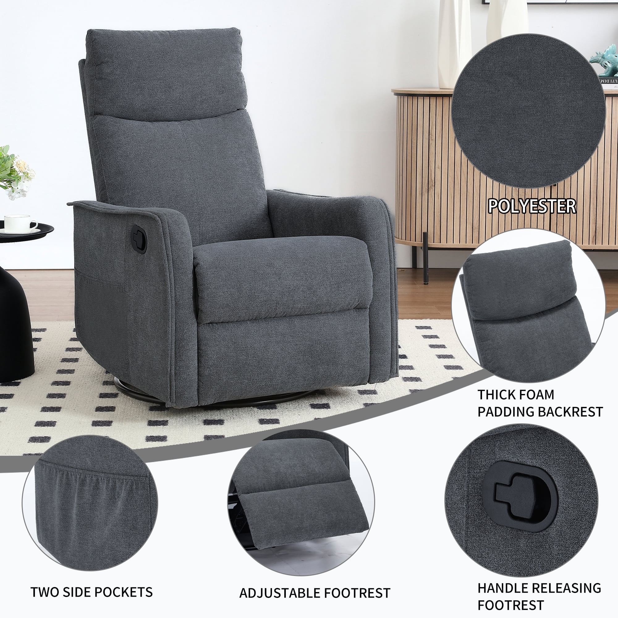JXXRZ Heated Massage Swivel Rocker Recliner Chair w/ Manual Recline & Breathable Fabric, Grey