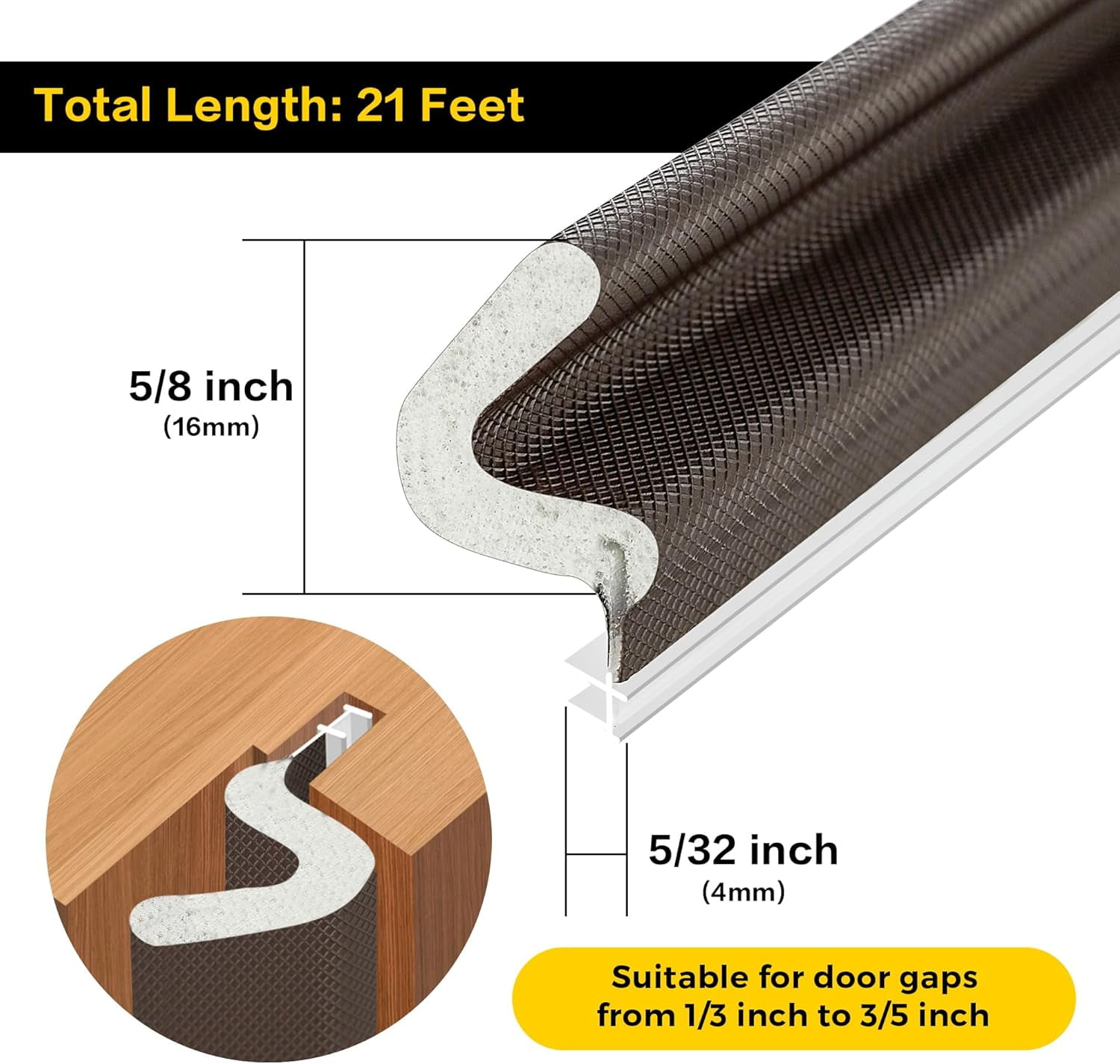 Weather Stripping Door Seal Strip Soundproof Q Foam Weather Stripping for Door Frame, Exterior Door Weather Stripping for Large Gap, Easy to Install（Brown, 21FT