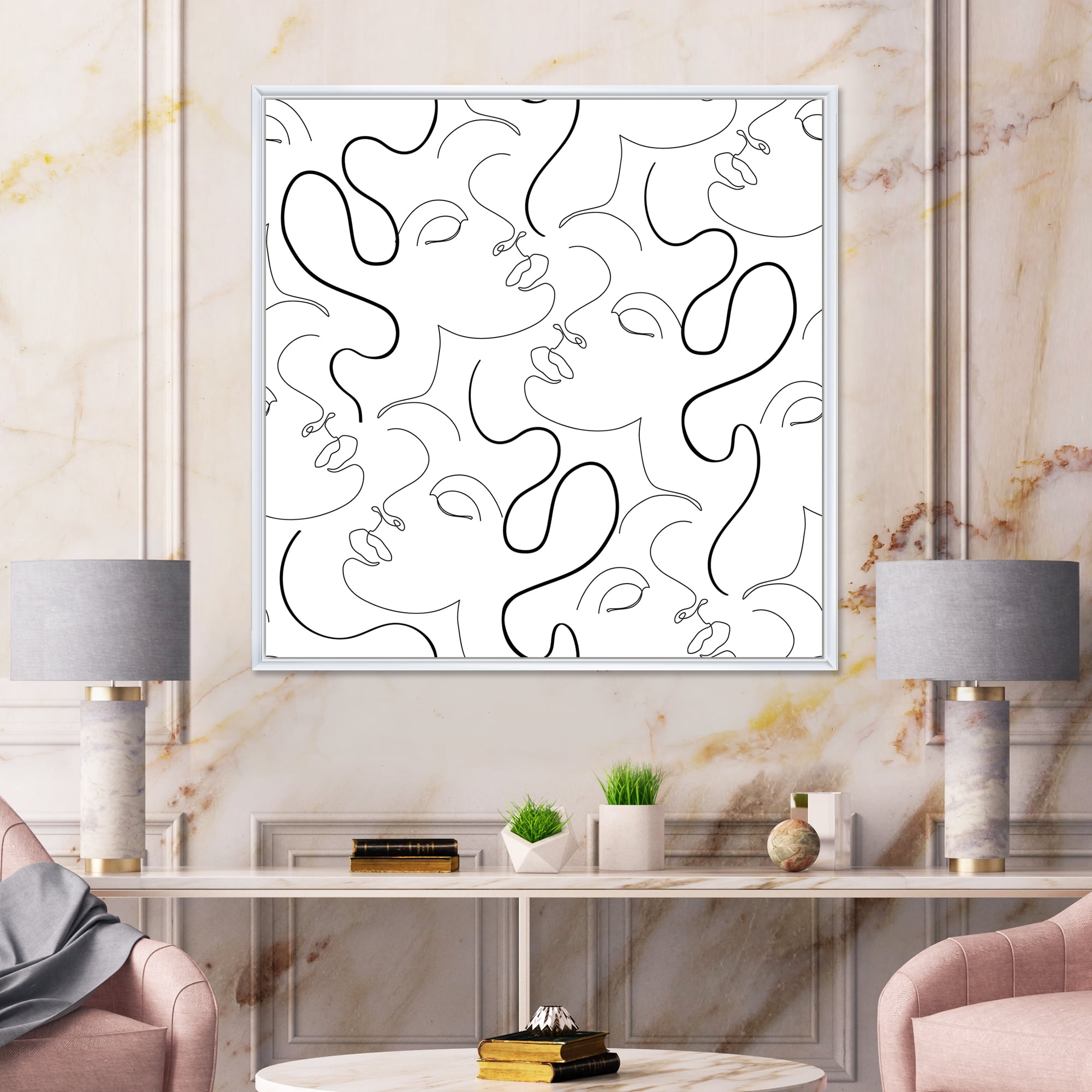Designart 'Black and White One Line Drawing Portraits' Modern Framed Canvas Wall Art Print