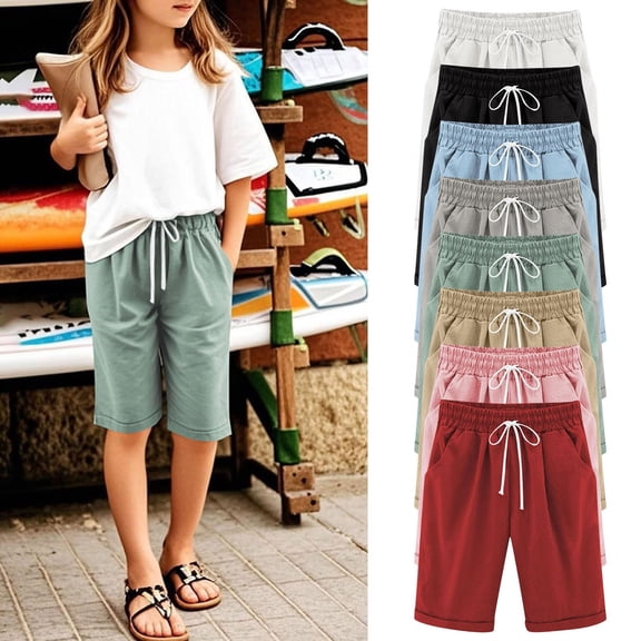 Girls High Waisted Summer Shorts Kids Knee Length Casual Comfy Pants