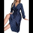 thumbnail image 2 of Vestido Plisado de Larga con Cuello en V y Lunares para Mujer, Informal, Holgado y con Cinturón Azul Marino M, 2 of 10