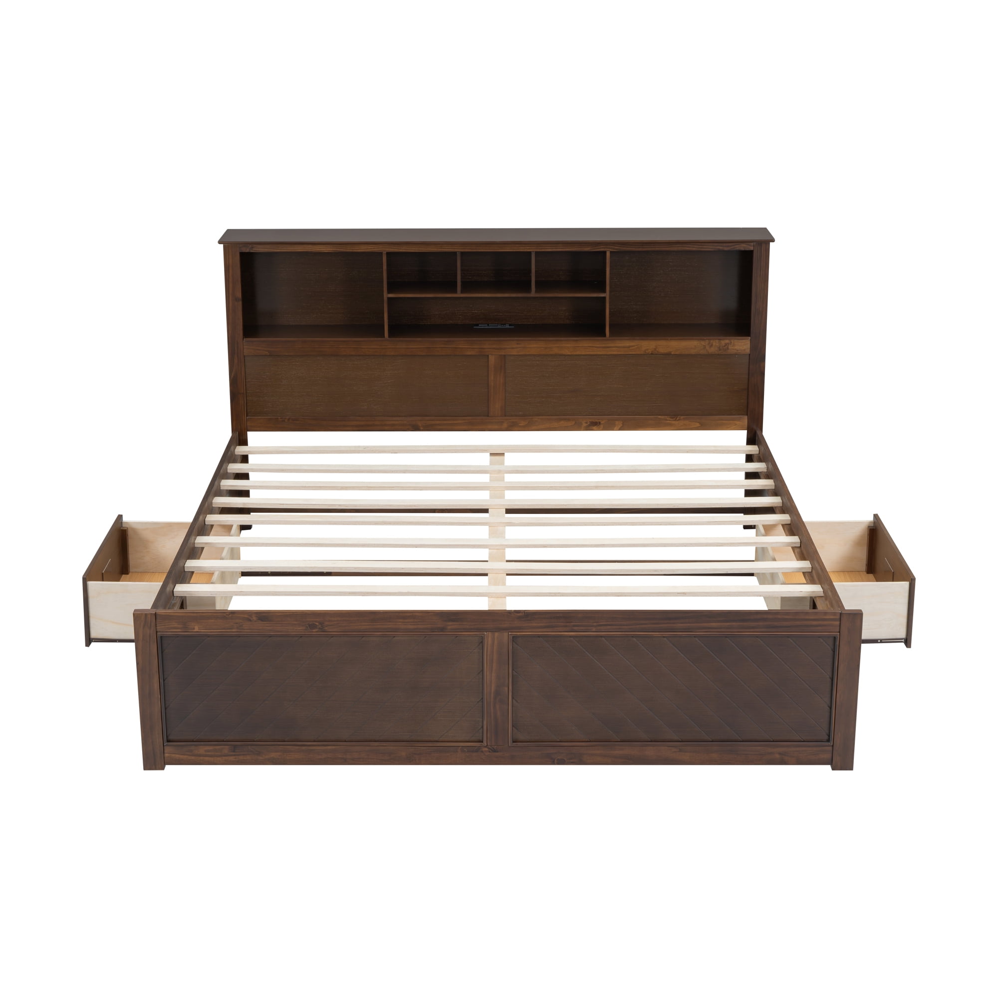 Euroco Wood King Size Platform Bed with Storage Headboard, Drawers and USB Charging Station, Wood