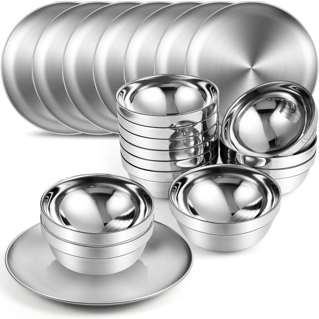 Sunnyray Stainless Steel Plates and Bowls Metal Camping Plates Reusable 13oz Steel Snack Feeding Serving Dinner Dishes Double Walled Insulated Metal Bowls for Kids(1