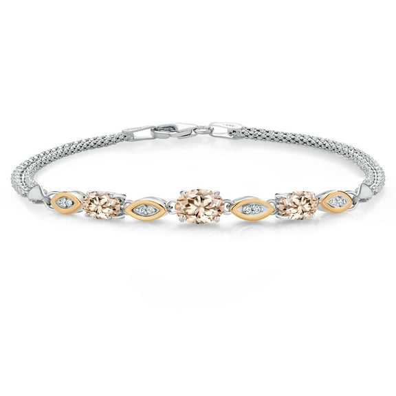 Gem Stone King 925 Silver and 10K Yellow Gold Peach Morganite and White Lab Grown Diamond Bracelet for Women (1.71 Cttw, Gemstone October Birthstone, Oval, Wheat Chain, 7.5 inches)