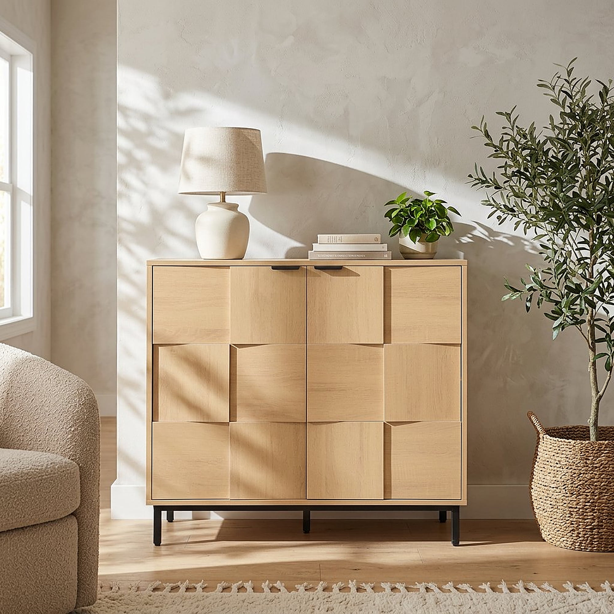 Euroco Sideboard Buffet Cabinet with Storage, Modern Storage Credenza Coffee Bar with 2 Doors for Kitchen Living Room,Entryway,Light Oak