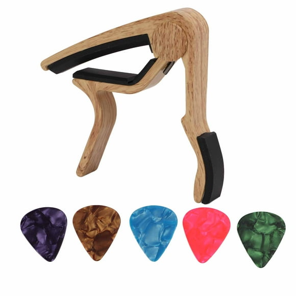 Capo de Guitare, Capos à Verrouillage Ferme à Dégagement Rapide Accessoire Portable avec 5 Pcs de Pic pour Jouer Couleur Bois Foncé, Couleur Bois Clair, Noir