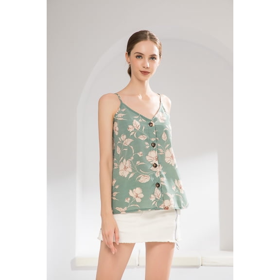 Wenseny Strappy Tank-Tops for Women Floral-Prints Button-Down V-Neck Sexy Sleeveless-Blouses Casual Cami-Shirts Aqua S
