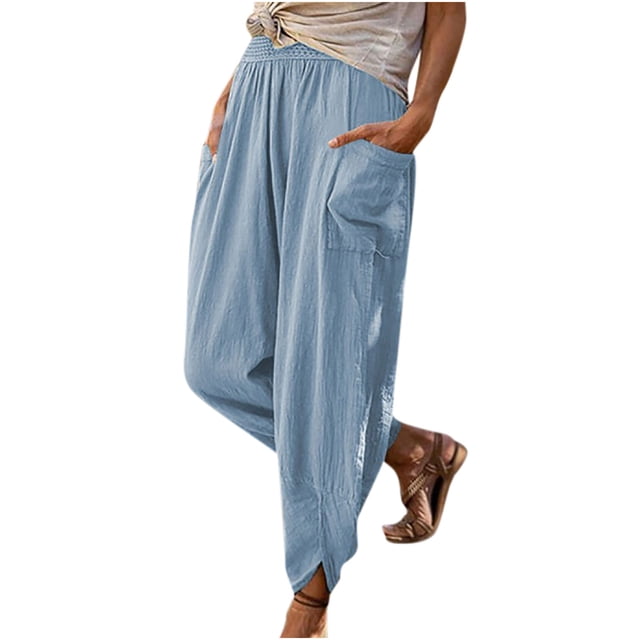 Pantalones de cintura alta para mujer, cinturón elástico de Color sólido, estilo Vintage, de algodón y lino, con bolsillos dobles, pantalones de pierna ancha en la cintura Fridja alkflakhf33818