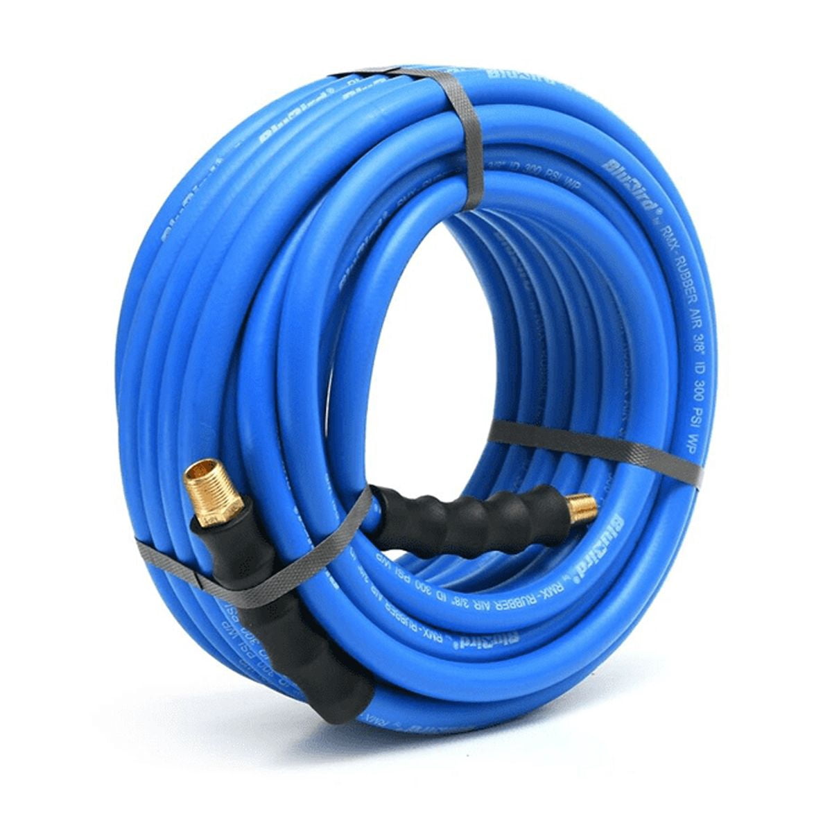 BluBird Heavy Duty Rubber Air Hose 3/8 in x 50 ft, 300 PSI, 1/4 in MNPT Fittings, Flexible, Oil & UV Resistant, 10 Year Warranty