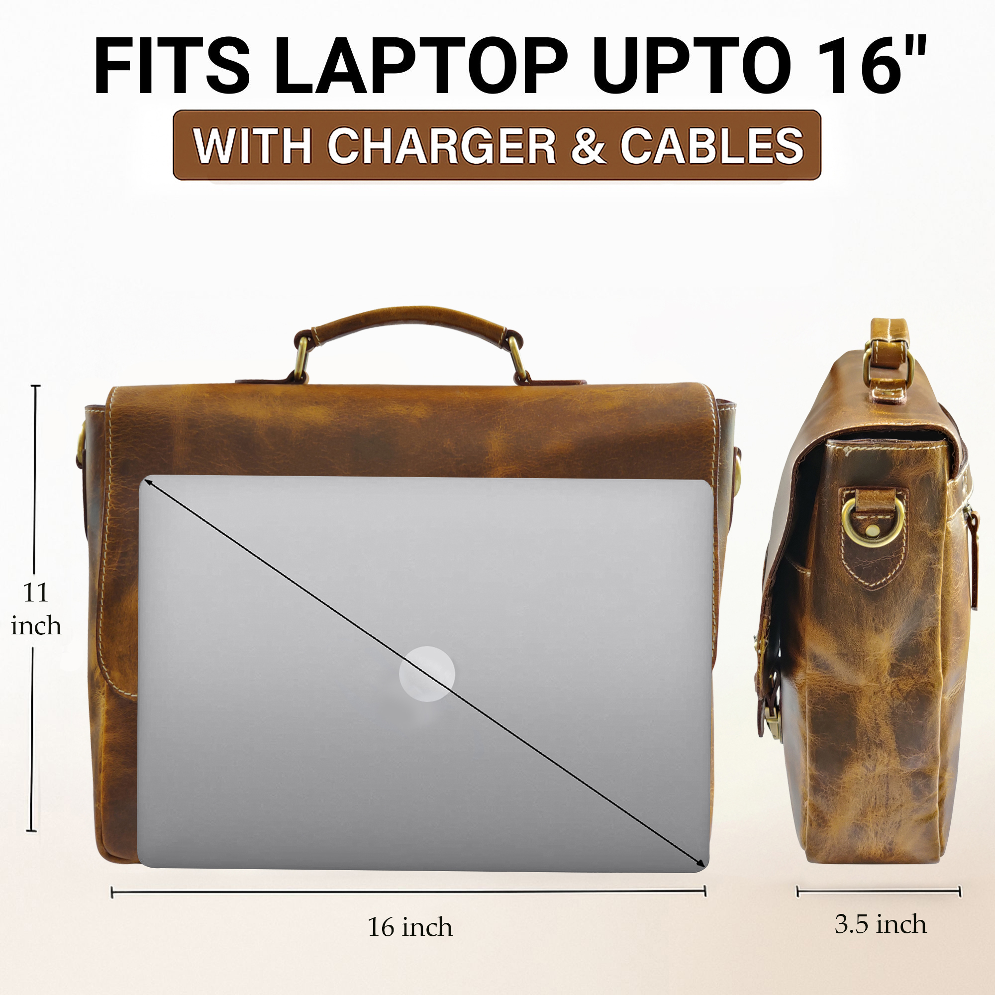Handmade Leather Laptop Messenger Bag – Fits 15” Laptop, Crossbody Satchel For Work & Travel