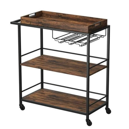 3-Tier Kitchen Serving Cart with Removable Tray - Mobile Utility Cart with Wheels & Brakes, Rustic Brown and Black