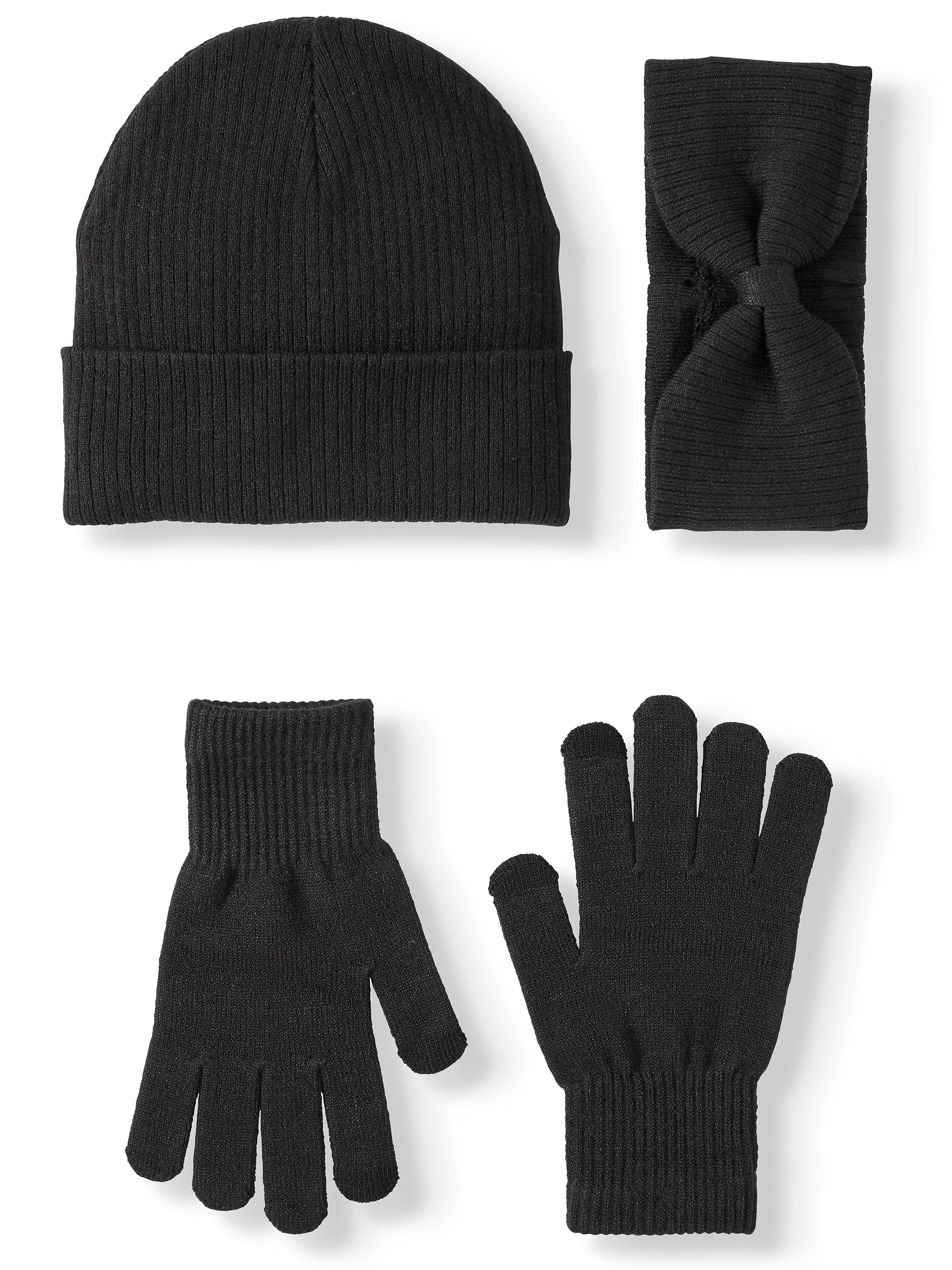Time and Tru Women's Solid Knit Hat, Glove, and Headband 3-Piece Gift ...