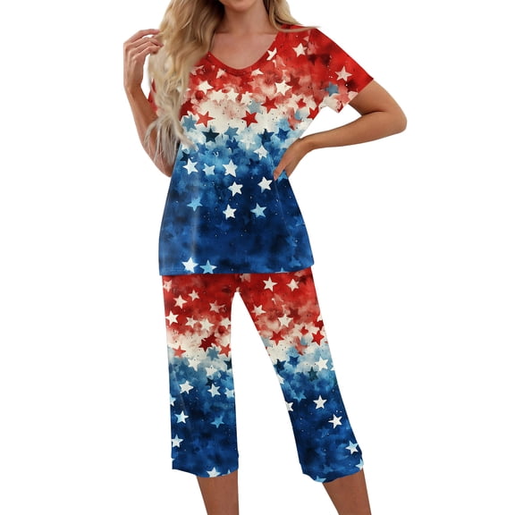 4th of July Womena Pajama Sets Patriotic Flag Flower Heart Print Nightwears Short Sleeve Top and Capri Pants Independence Day Pajama Set